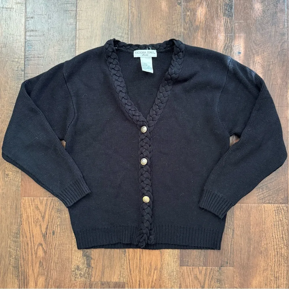 VICTORIA JONES Petite black knit cardigan with braided accent, size Large - Image 2