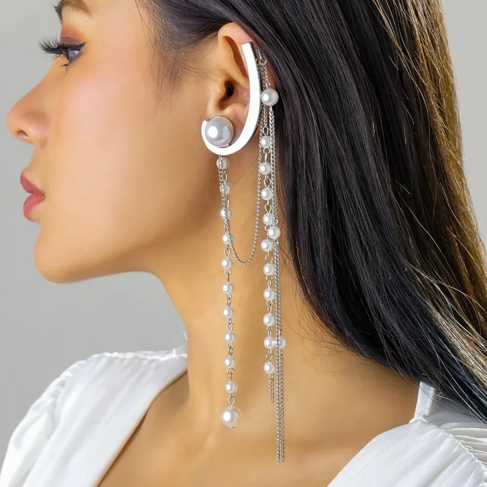 New long silver ear mono cuff with pearls - Image 4