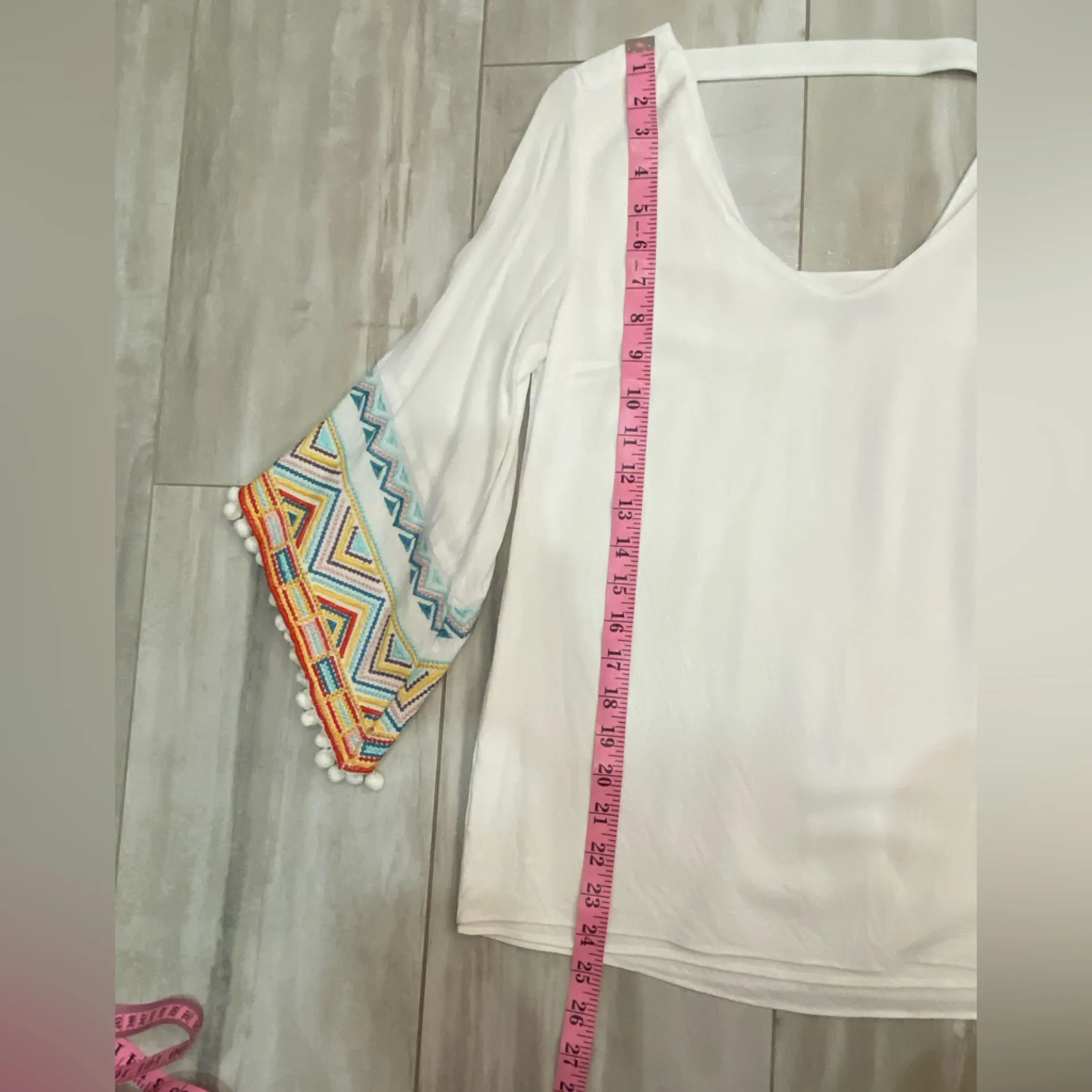 Supply and Demand White Rayon Top with Colorful Embroidery on Sleeves, Small - Image 7