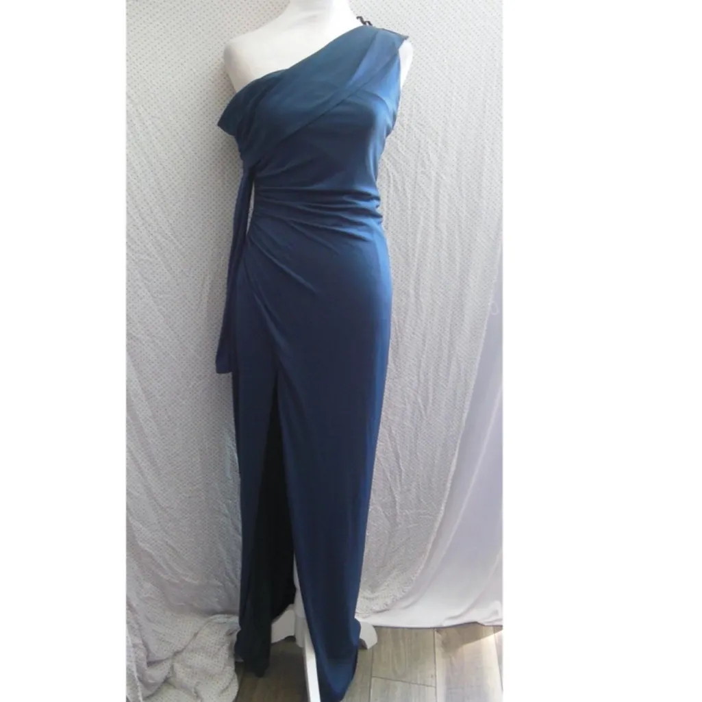 KATIE MAY Deep Sea Blue MOJAVE Single Long Sleeve HIGH SLIT‎ Ruched GOWN XS - Image 6