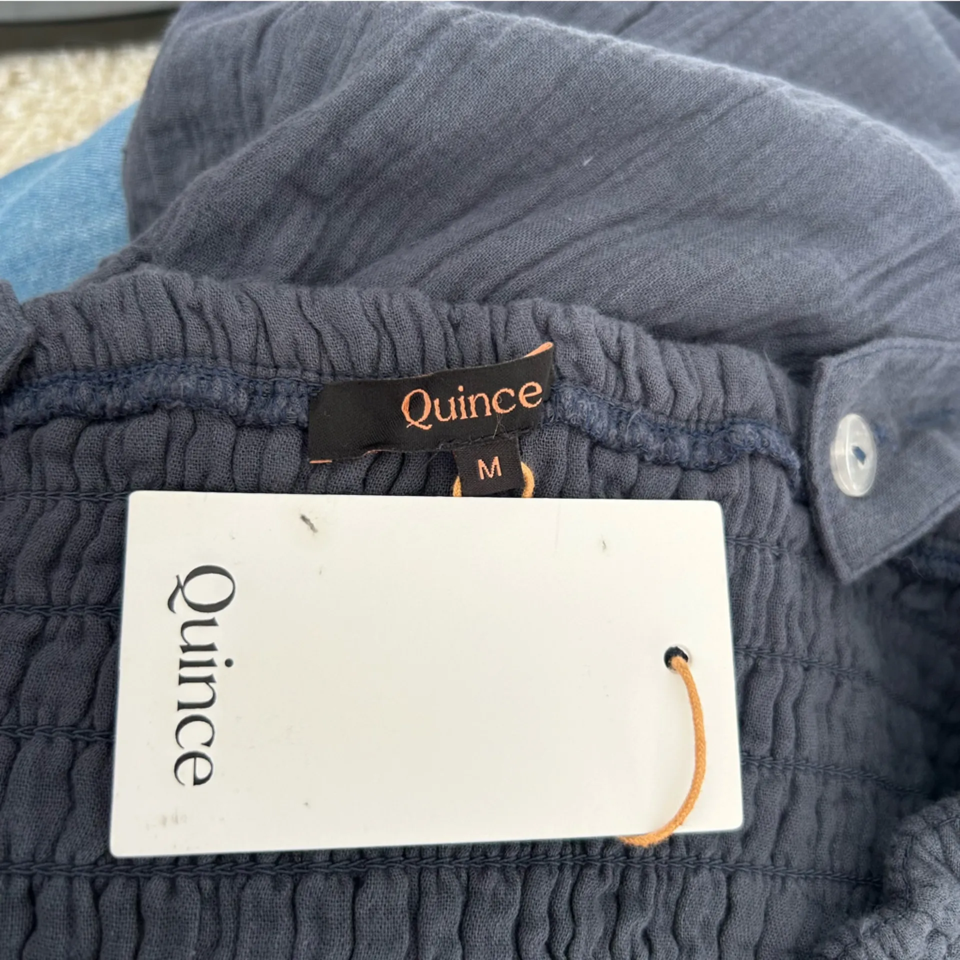 NWT Quince Navy Blue 100% Organic Cotton Gauze Smocked Wide Leg Jumpsuit Medium - Image 9