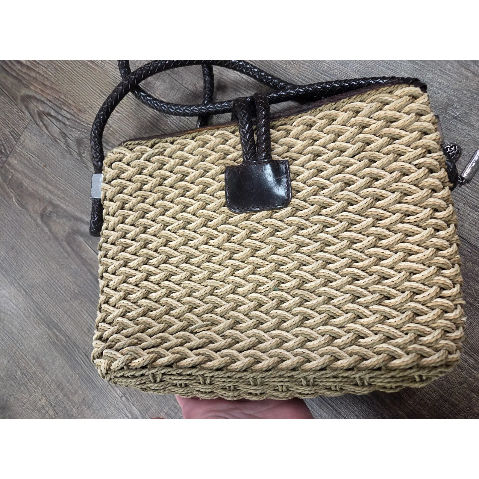 Vintage Brighton Woven Leather Crossbody Handbag Purse With Heart Charms - Image 7