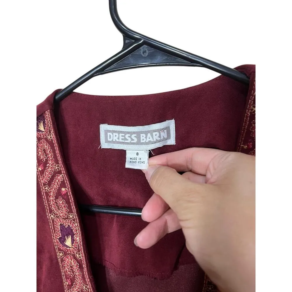 Vintage Dress Barn Burgundy Embroidered Trim Jacket 2 Piece 90s Midi Dress Set 8 - Image 9