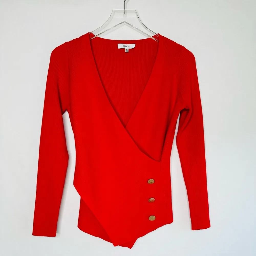 Milly Cross Front Long Sleeve Knit Red Gold Buttons Sweater Top Shirt Size M - Image 4