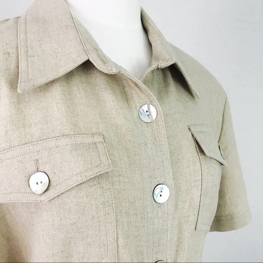 Vintage Button-Front Linen Day Dress in Beige | Size 8 - Image 9
