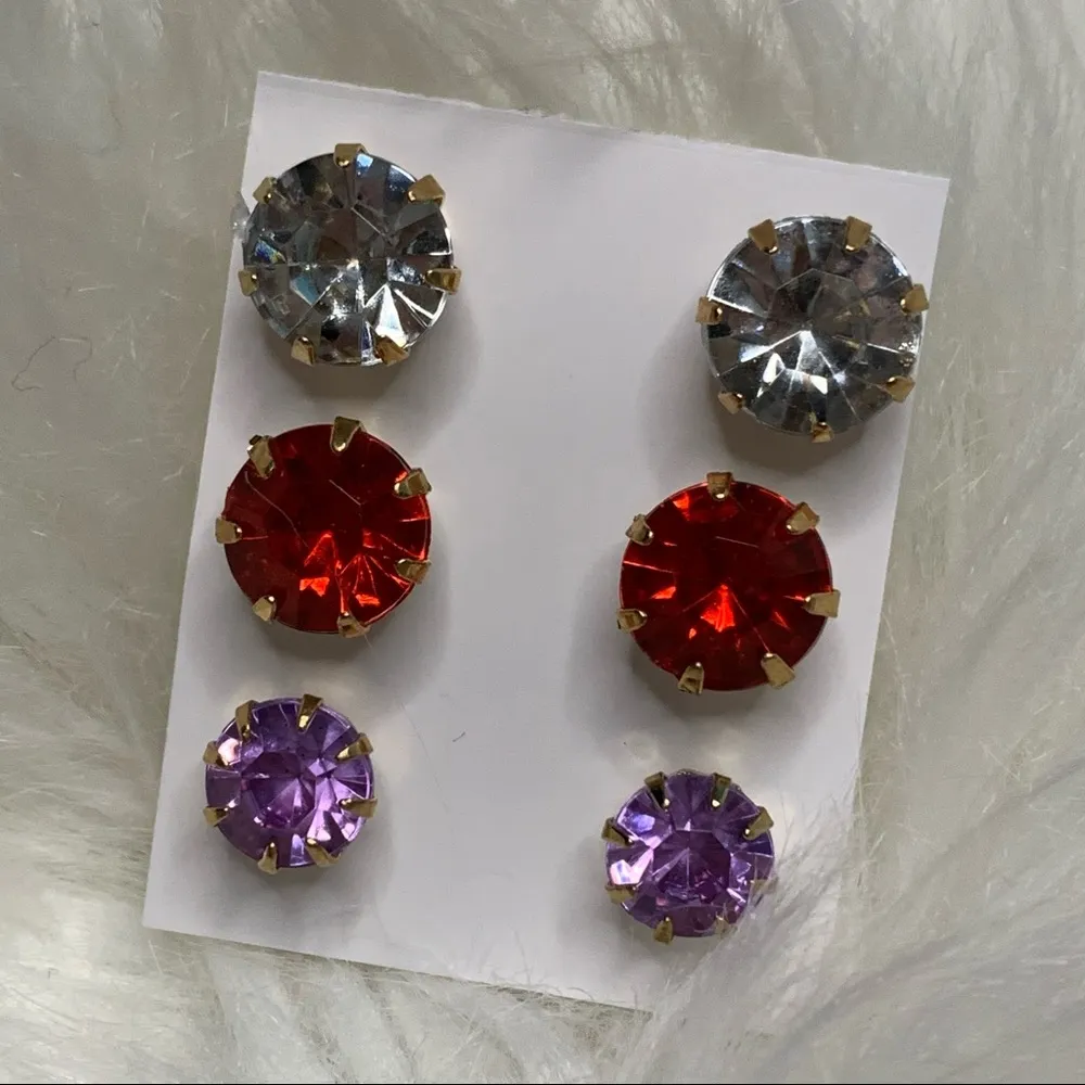 3 Colored Faux Diamond Stud Earrings Bundle Red - Image 5