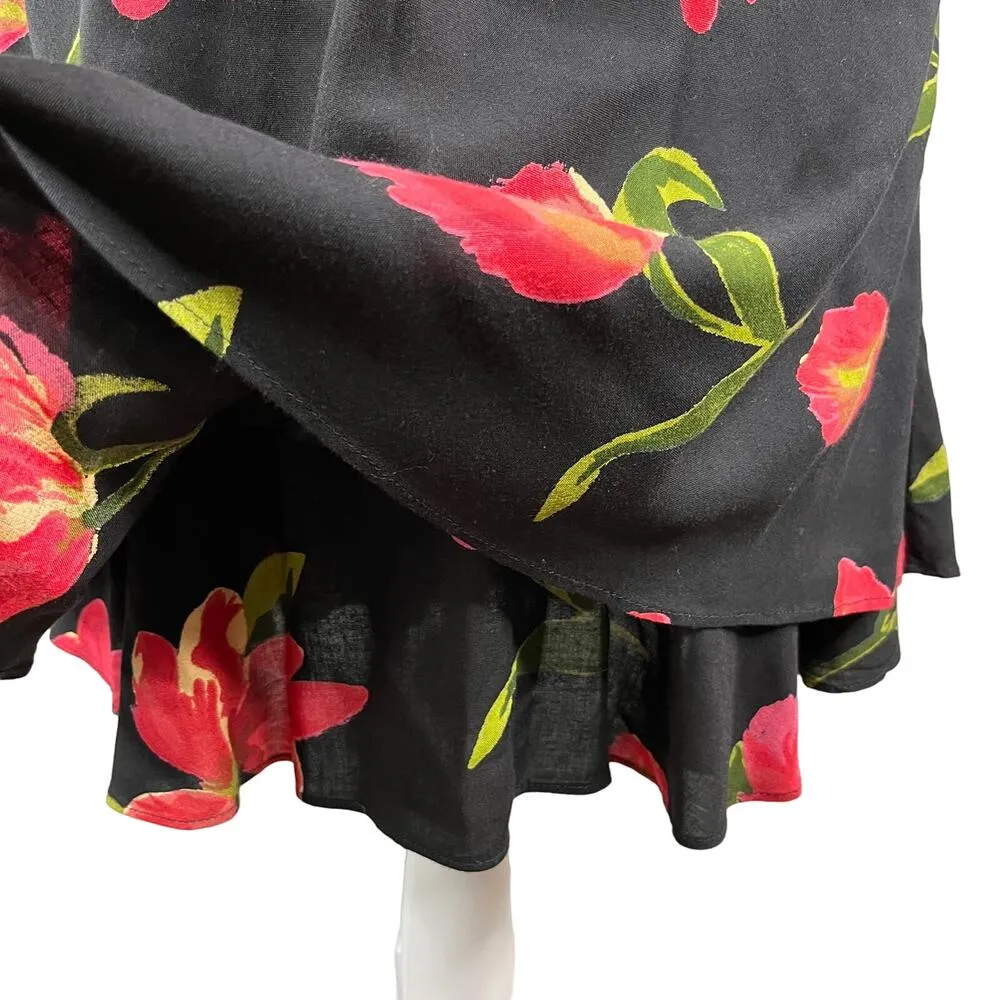 Vintage Hampton Dress Co Dress 8 Midi Black Red Tulips - Image 7