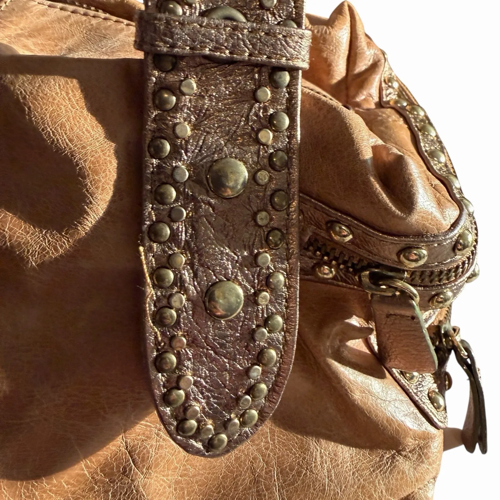 Y2K Bebe Studded Leather Satchel Shoulder Bag Moto Boho Glam Brown 2000s Rocker - Image 4