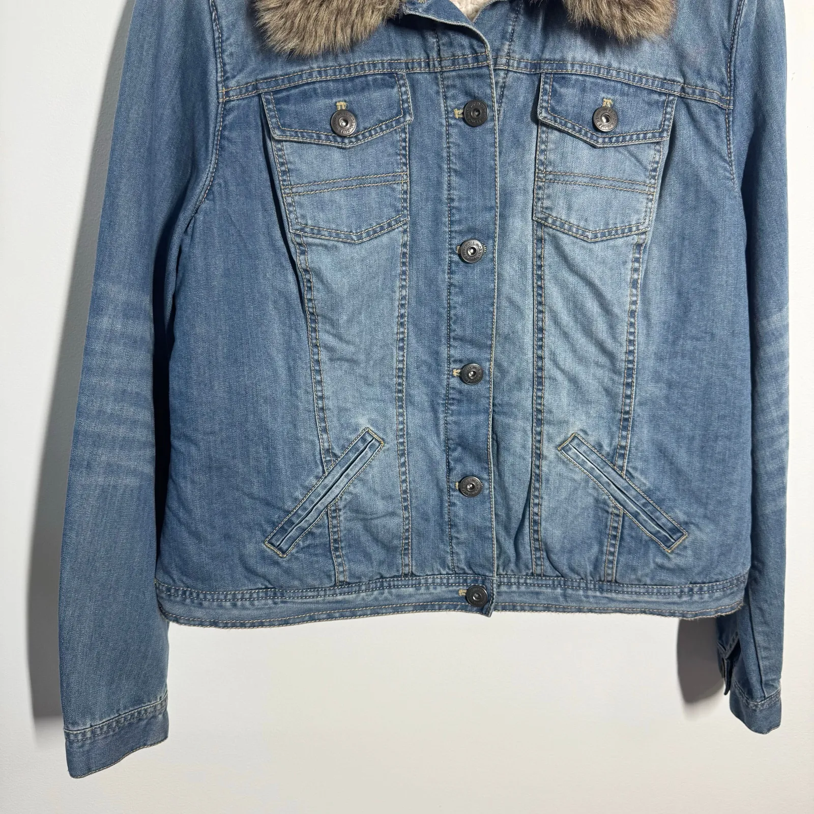 Ruff Hewn 90s Y2K Faux Fur Collar Denim Jacket Women L Blue Western Sherpa Lined - Image 8