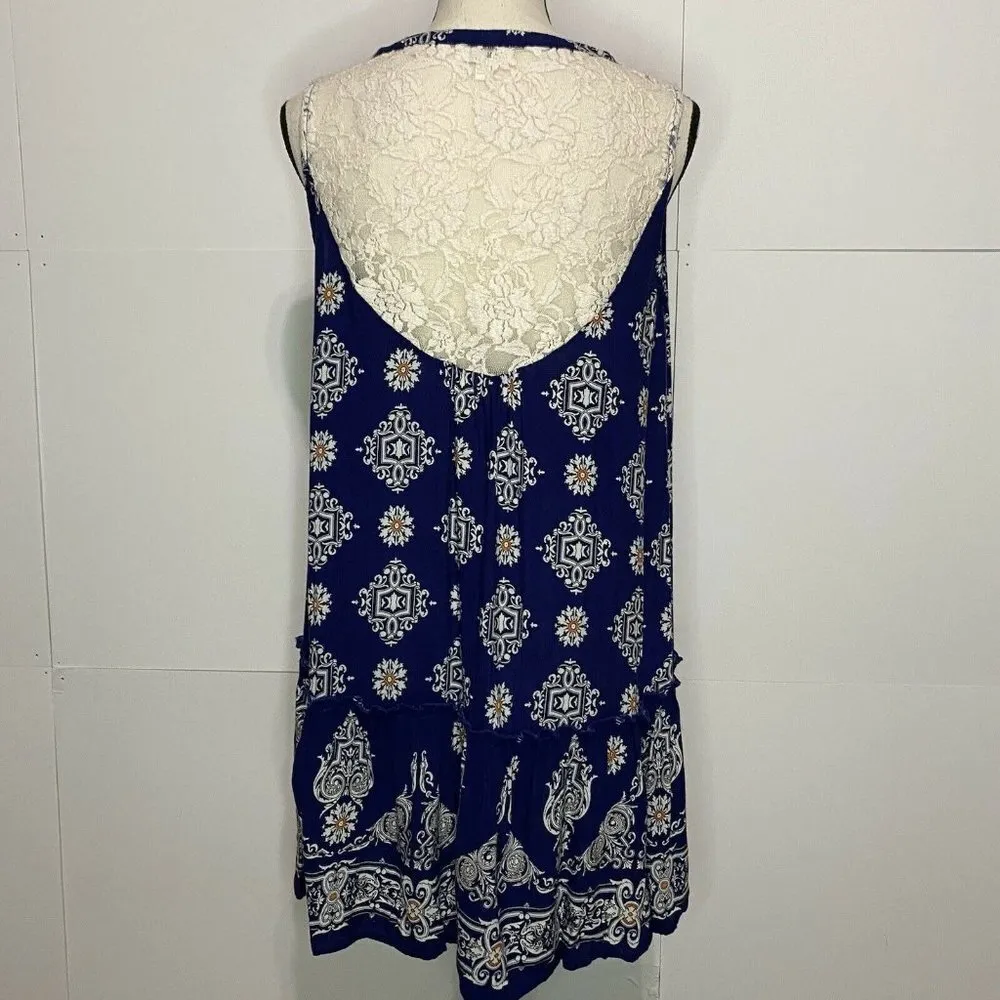 Umgee Small Sleeveless Lace Back Ruffle Tunic Swing Dress Blue Keyhole Neckline - Image 7