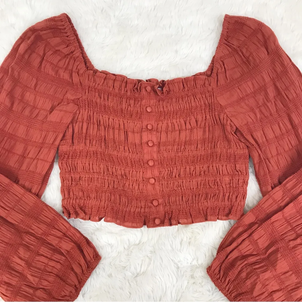 GIANNI BINI Smocked Peasant Top Long Sleeve Burnt‎ Orange Rust Red Size XS New - Image 3
