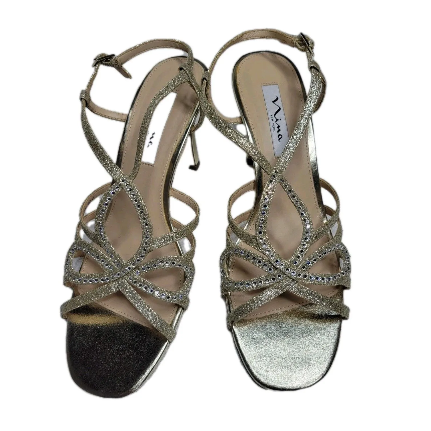 Nina leather sole Gold rhinestone Strappy cocktail party heels pumps size 9 - Image 2