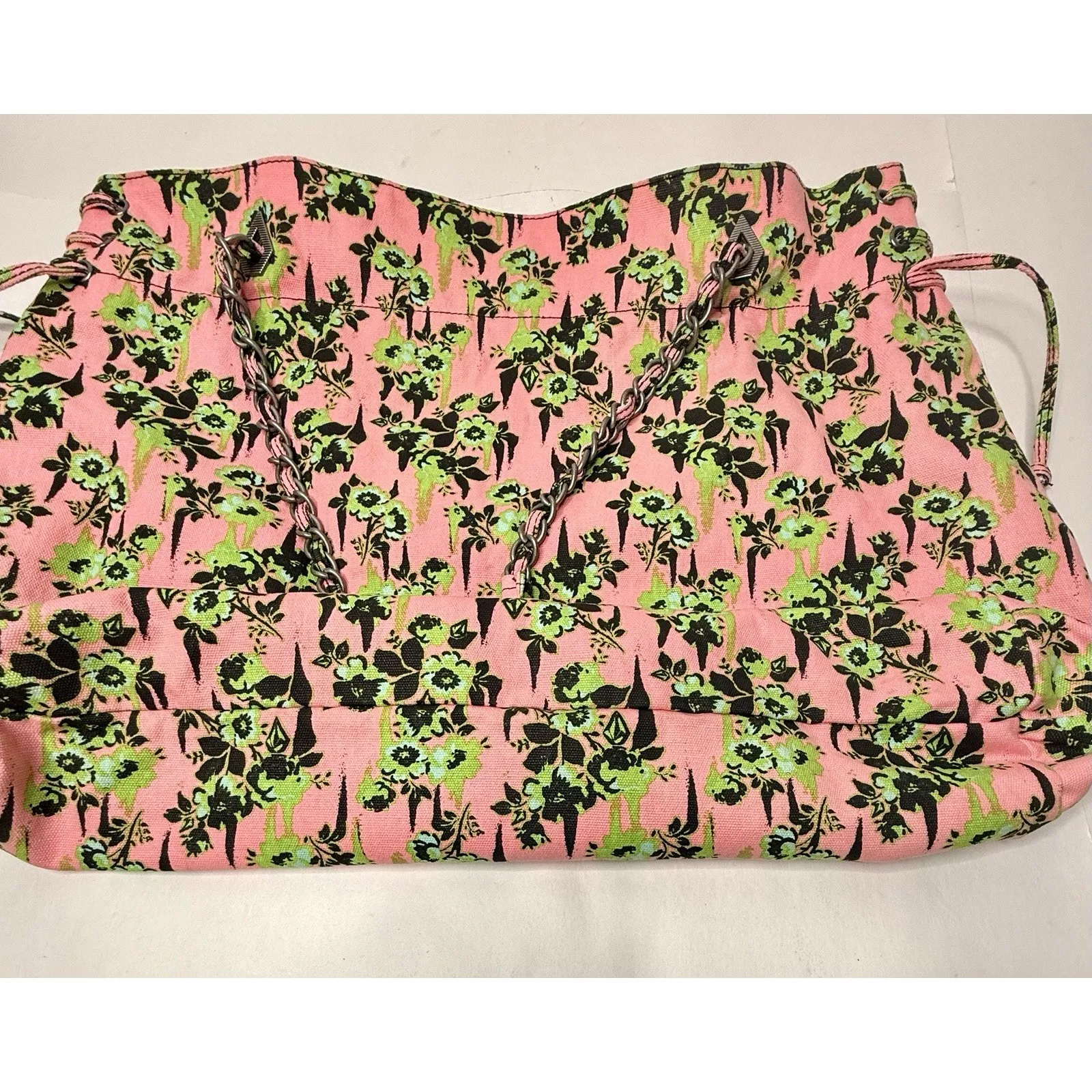 Volcom 2000s Pink‎ Green Floral Large Tote Bag Chain Handles Hobo Beach Casual - Image 14