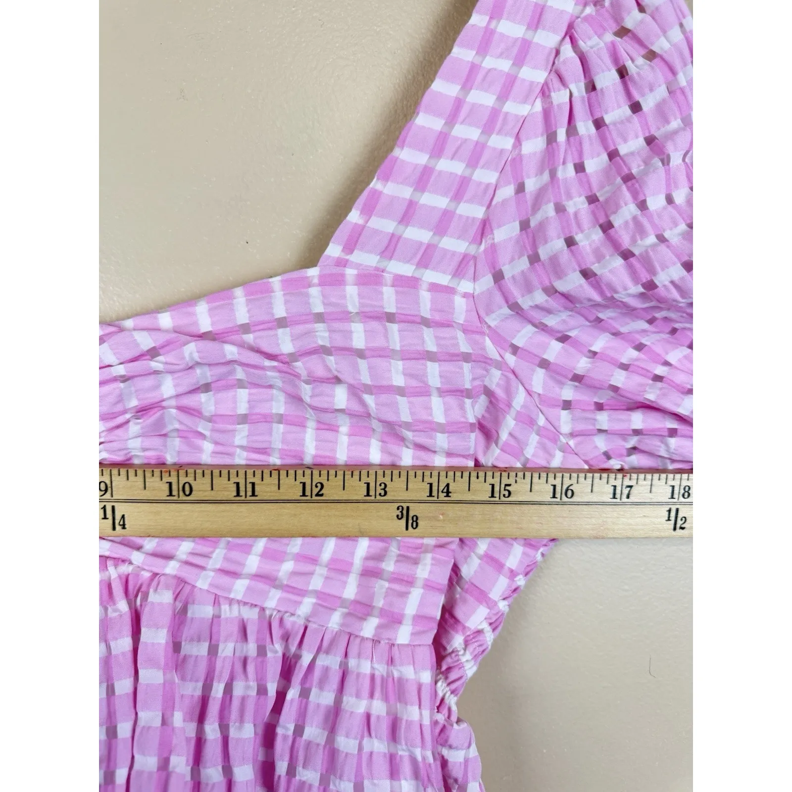 Altar’d State Pink & White Vichy Crop Top with Sweetheart Neck & Puff Sleeves M - Image 10