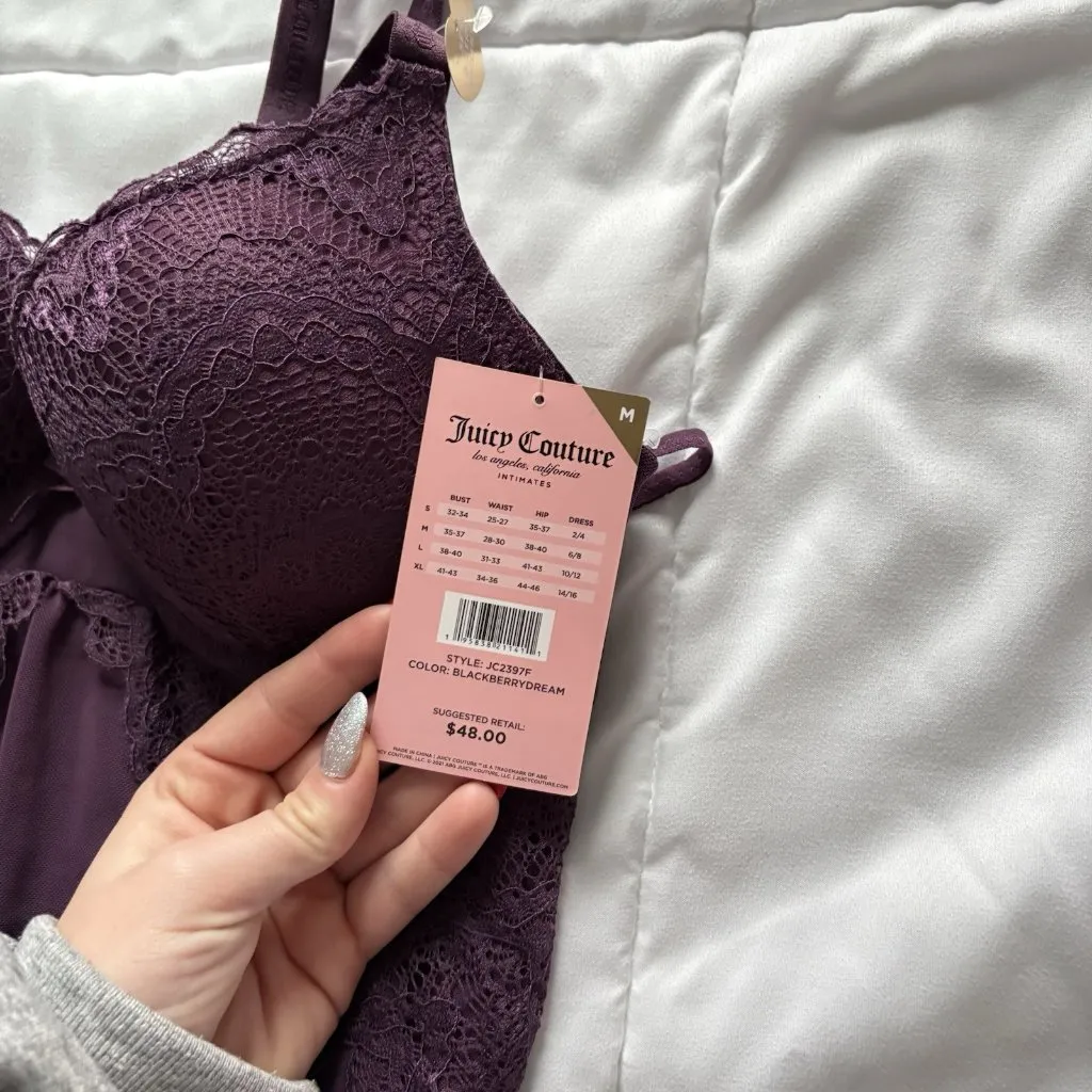 NWT Juicy Couture Intimates Chemise Slip G String Purple Womens Size Medium Sexy - Image 4