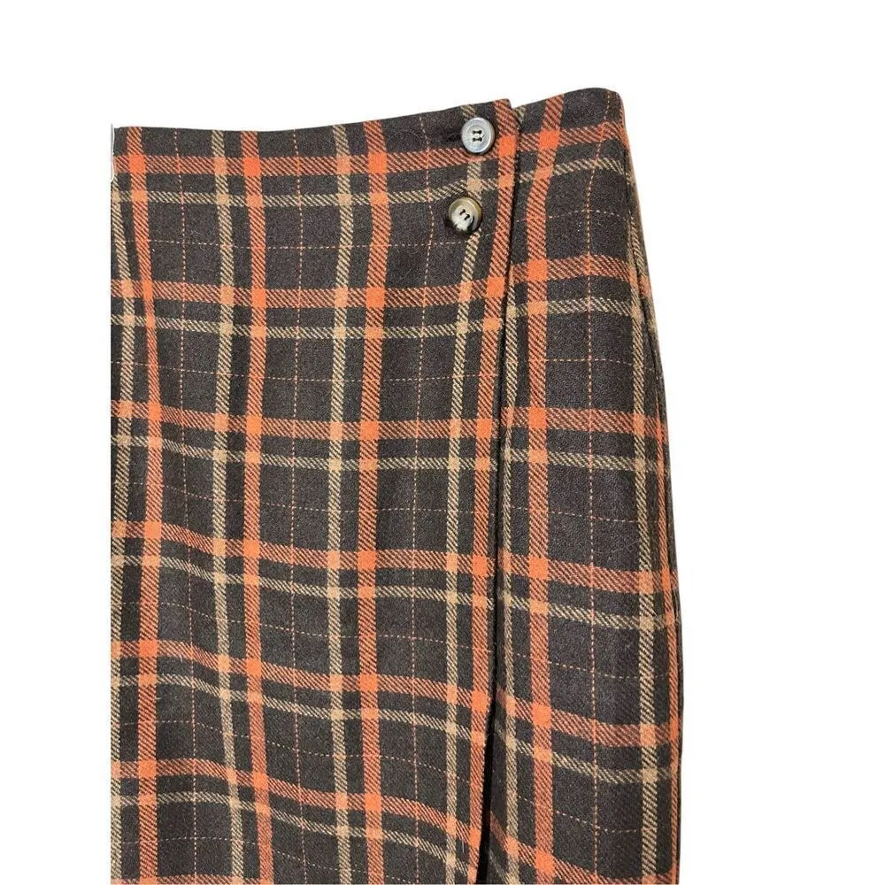 Vintage Michele Wool Blend Tartan Fringe Plaid School Girl Faux Wrap Skirt S Orange - Image 2