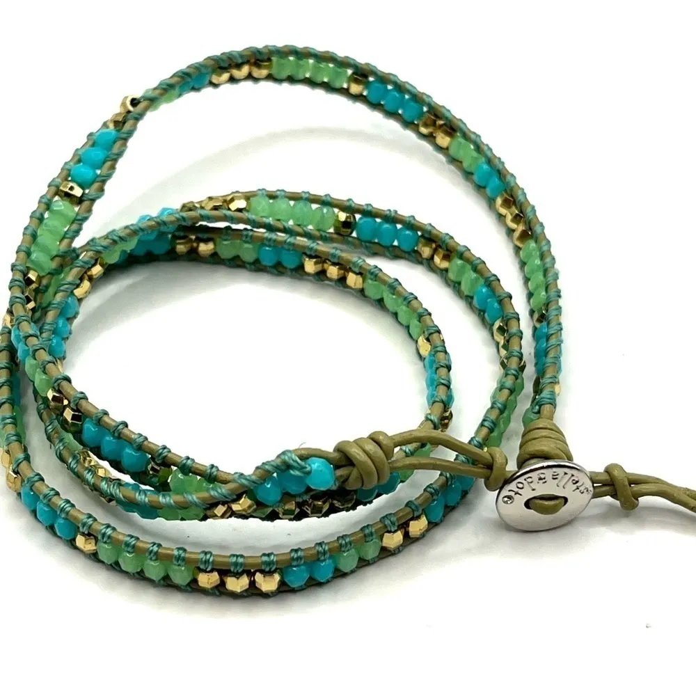 S&D Wanderlust Triple Wrap Bracelet Blue and Green Beads Tan leather Cord 22 - Image 4