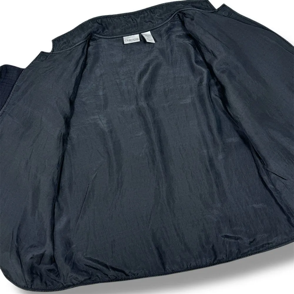 Chicos Textured Silk Mandarin Collar Open Front Bomber Jacket Black Large 12 - Image 10