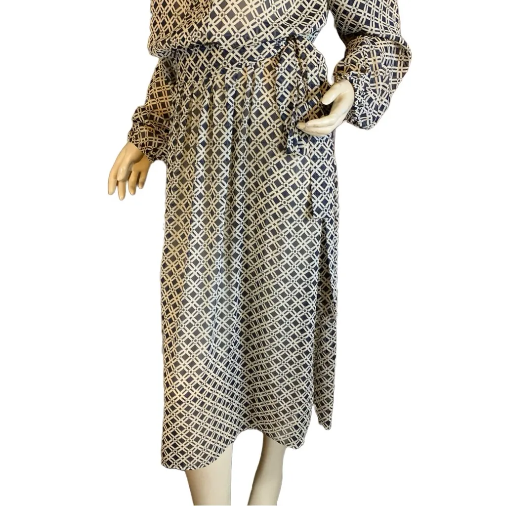 TOMMY HILFIGER TAN & BLUE GEOMETRIC PRINT SHEER SHIRT DRESS (8) - Image 9