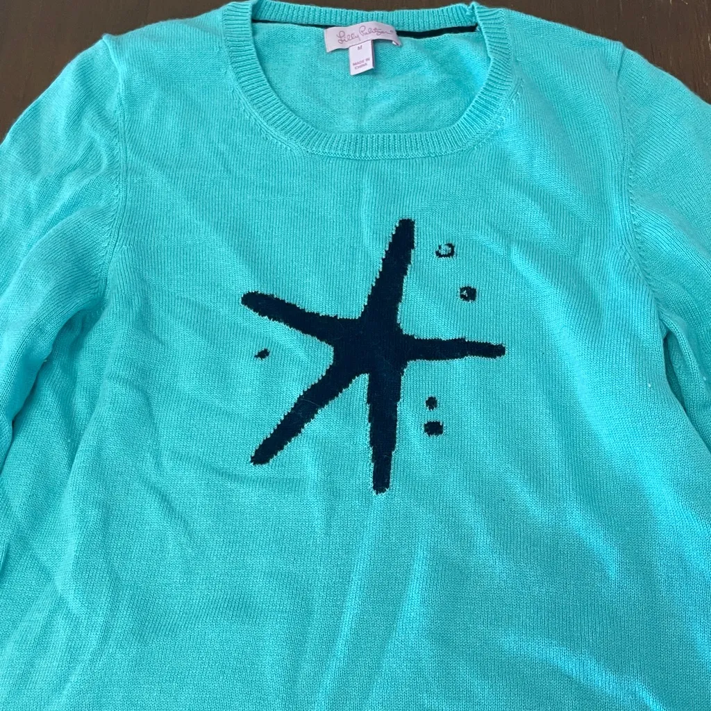 Lilly Pulitzer Charter Starfish Sweater Tiffany Blue womens size Medium Crewneck - Image 3