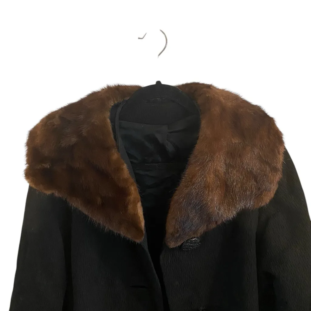 Vintage Forstmann 50's Black Wool Mink Fur Collar Pea Coat Overcoat Mid Century Size L - Image 5