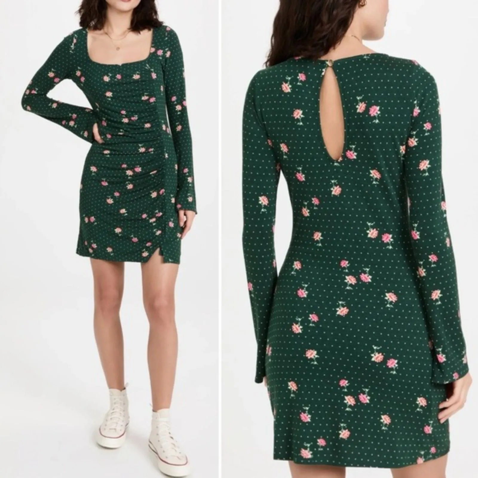 NWT Free People Celia Floral Square Neck Mini Dress Green Women’s Size Small New - Image 15