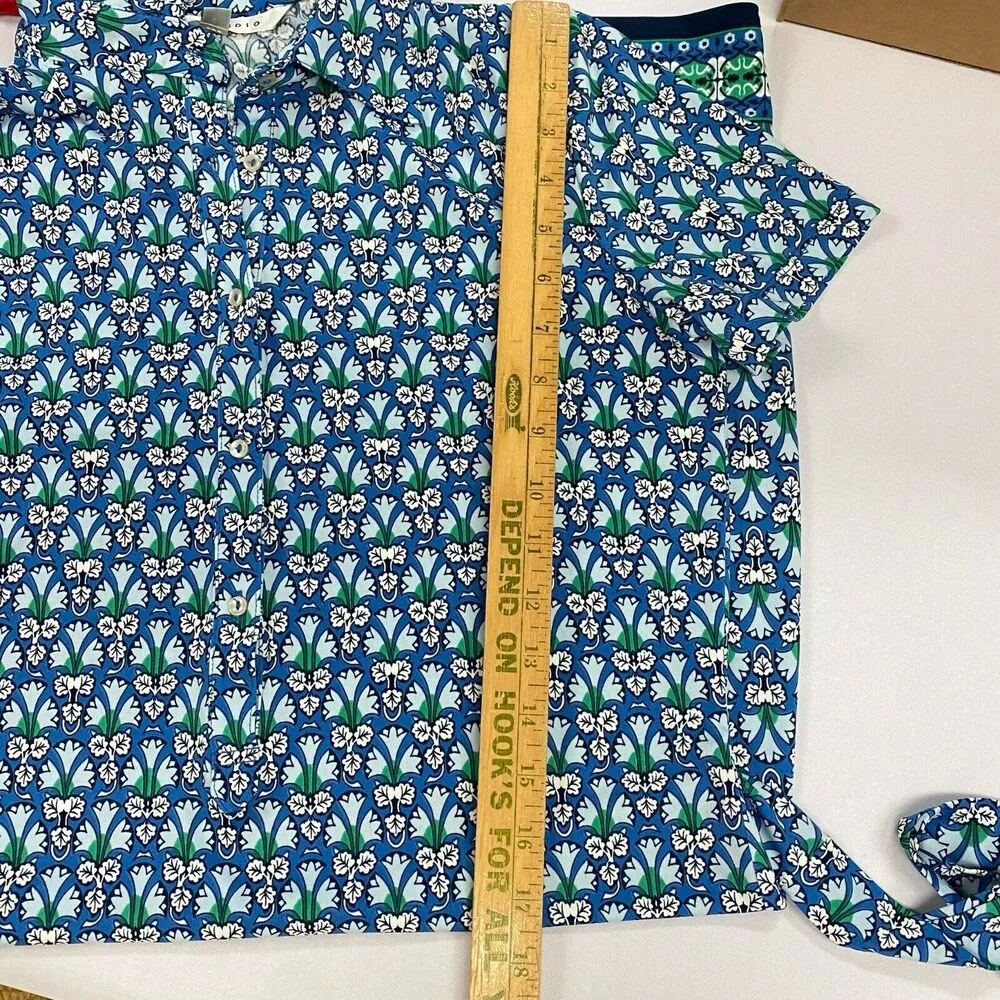 Max Studio S Blue Green Floral Border Hem Tie Waist Collared Dress Size Small - Image 7