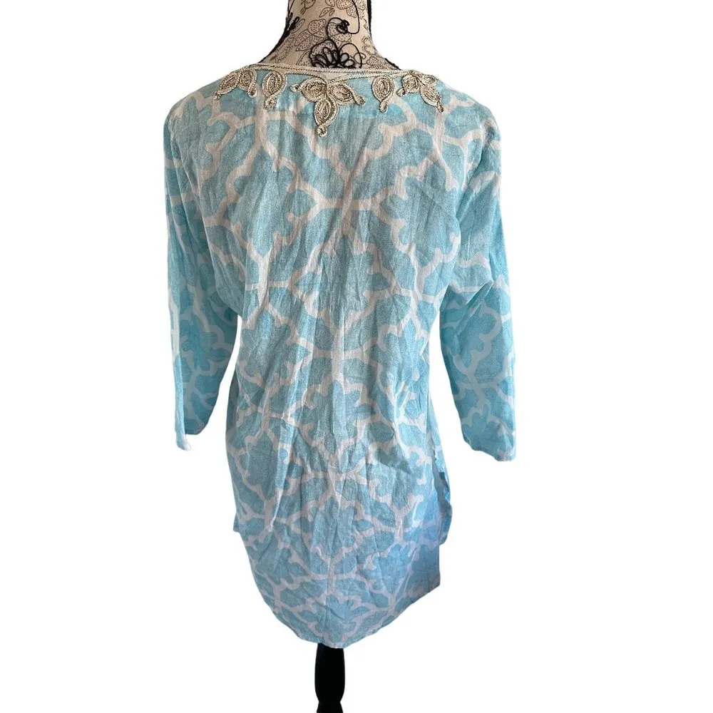 ROBERTA ROLLER RABBIT Blue Gold Scroll Detail Tunic Blouse Size Small - Image 2