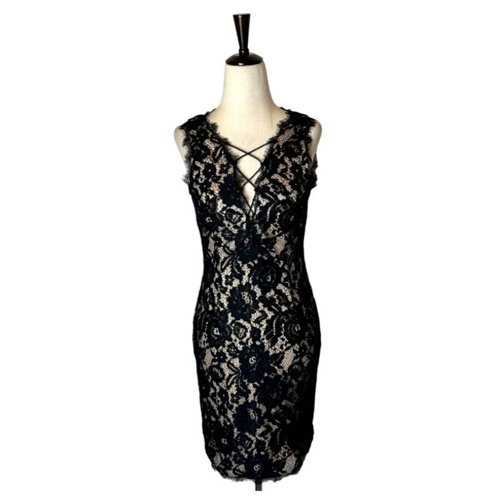 Aidan Mattox Dress Women 2 Black‎ Lace Up V Neck Lace Sheath Mini Cocktail LBD - Image 3