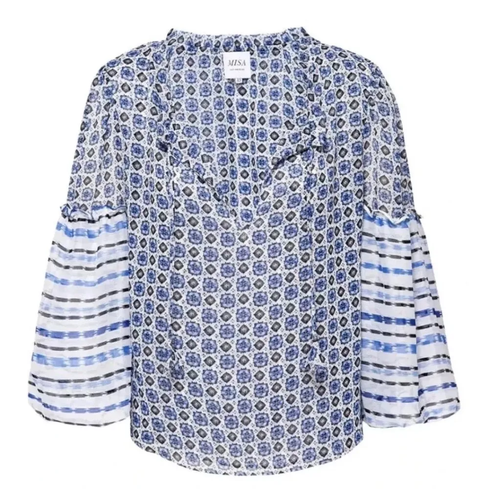 New NWT Misa Los Angeles Renata Chiffon Blue Floral Peasant Top Size S - Image 8