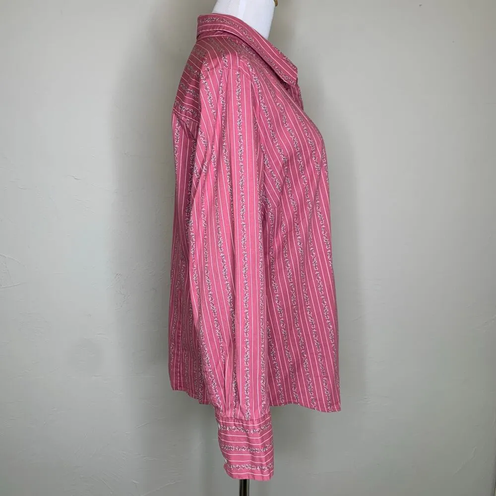 Vintage Cotton Floral Stripe Button Up Ruffle Pintucking Sz XL Pink - Image 4
