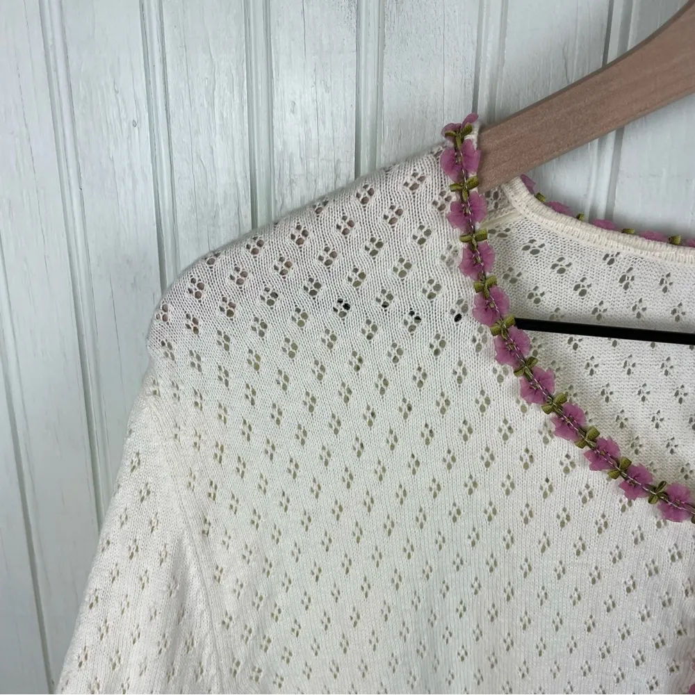 NorthStyle Womens Flower Embellished Cardigan Pointelle Knit Size XL Cottagecore Pink - Image 3