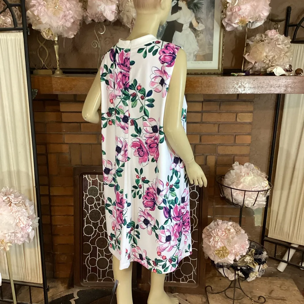 JESSICA HOWARD WHITE, PINK & GREEN FLORAL PRINT TRAPEZE DRESS W/BOW (18W) - Image 4