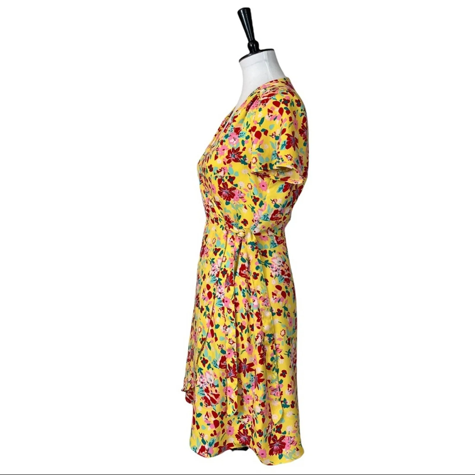 J. Crew Women's Wrap Dress Yellow Pink Floral Short Sleeve Tie Waist Size 0 - Image 5