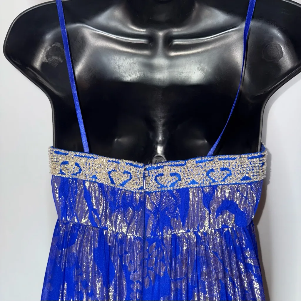 VTG Beaded Elegant Blue and‎ Metallic Gold Silk Gown Floor Length Dress Prom - Image 7