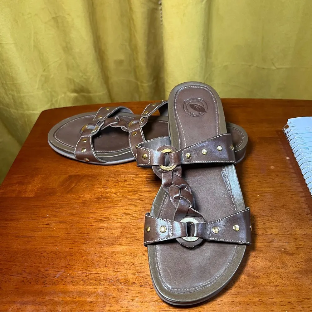 Brown Leather Braided Sandals Comfort Slides Metal Ring Detail Summer Flats - Image 6