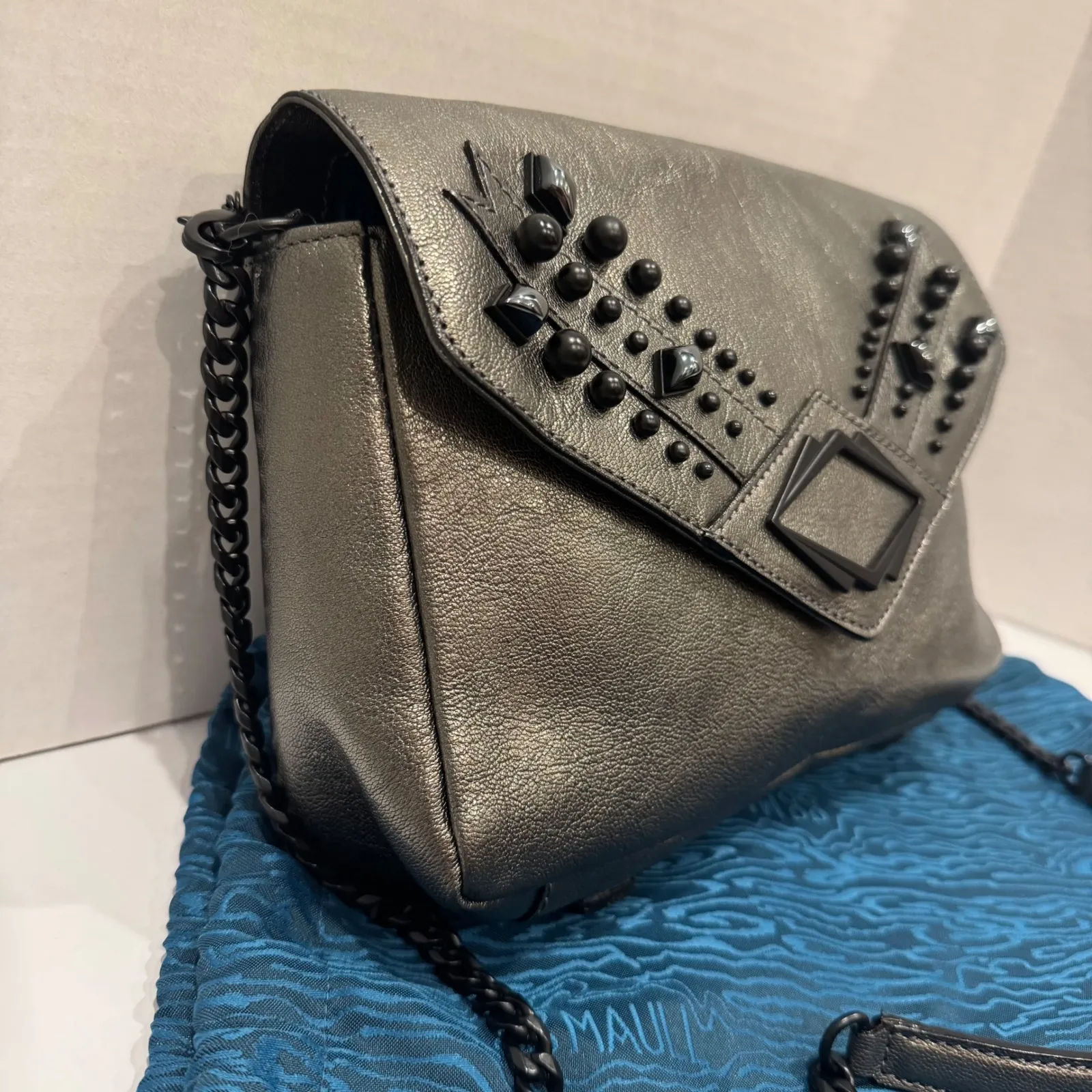 GG Maull Metallic Silver Studded Envelope Clutch Crossbody Bag "The Outlaw" $675 - Image 3