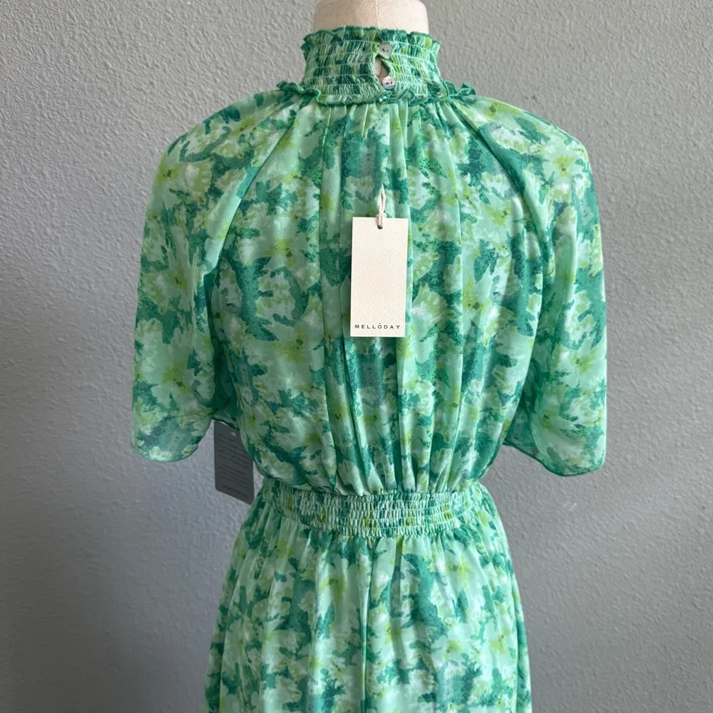 Melloday Green Floral Print Midi Dress Size Small Tiered Ruffle Details NWT‎ - Image 5