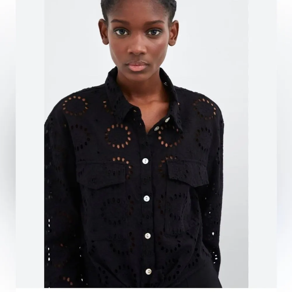 Zara Black Boxy Eyelet Long Sleeve Jacket Top - Image 2