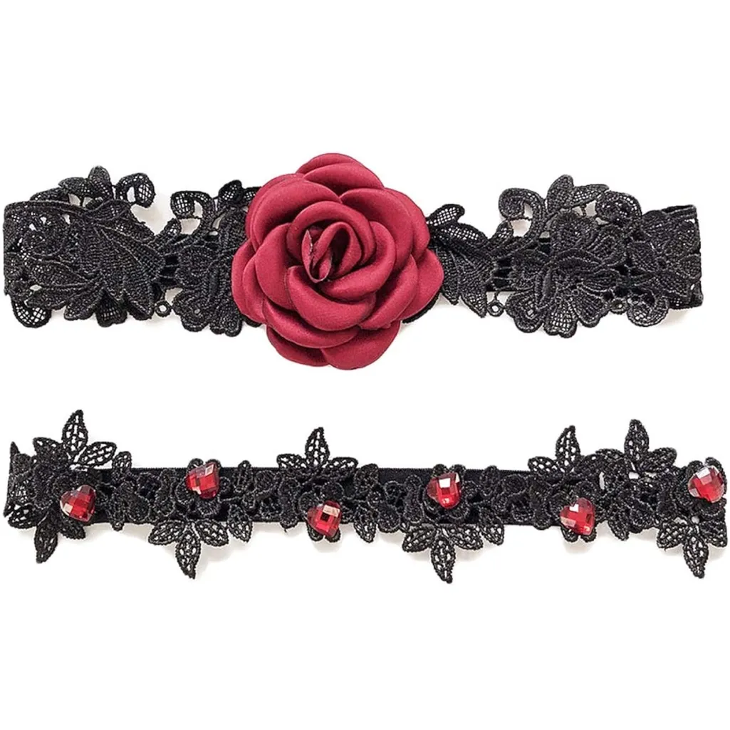 Elegant Black Lace Garter with Red Rose Accent - Image 3