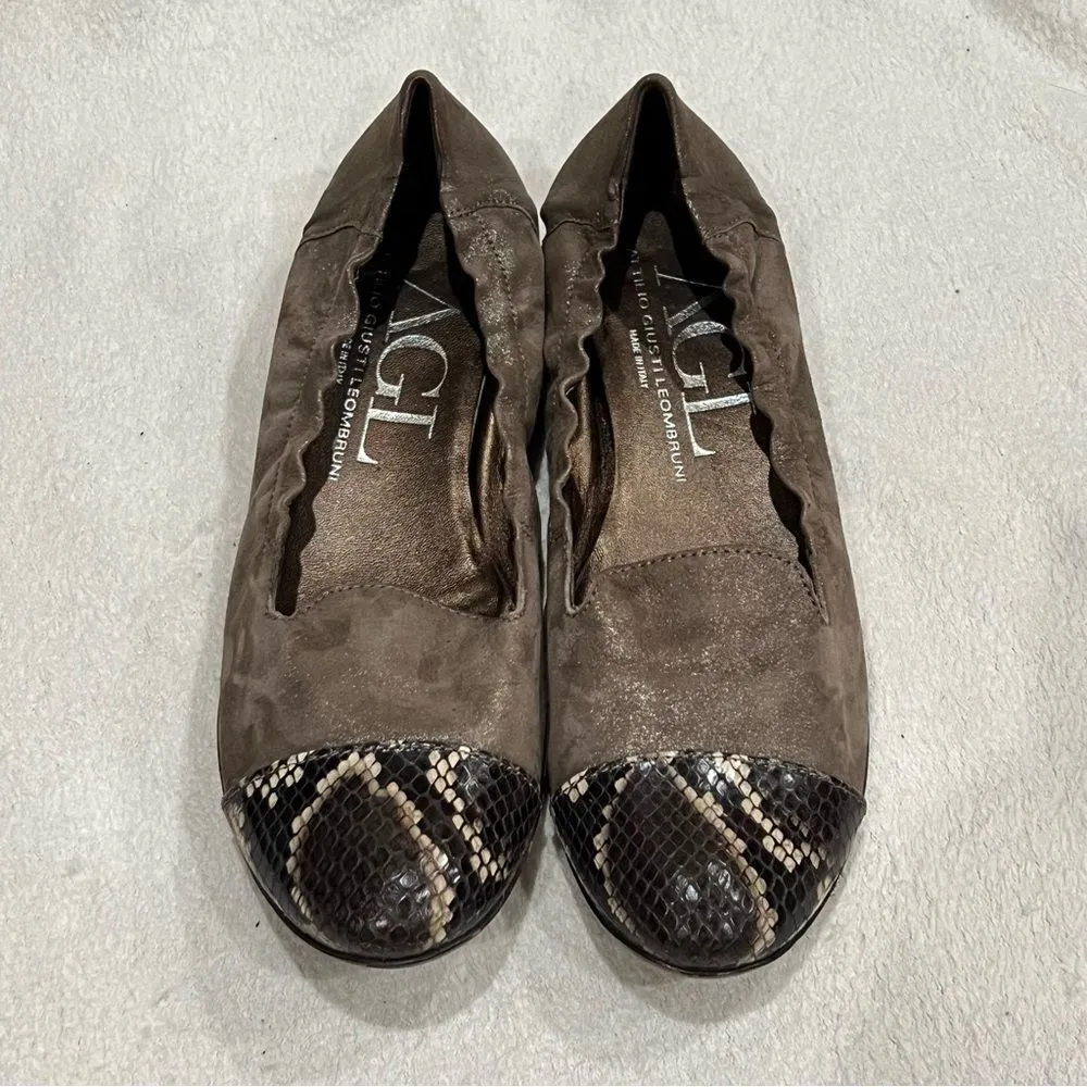 AGL Shimmer Taupe Leather Ballet Flats with Snake Print Cap 39 Brown Size 8 - Image 11