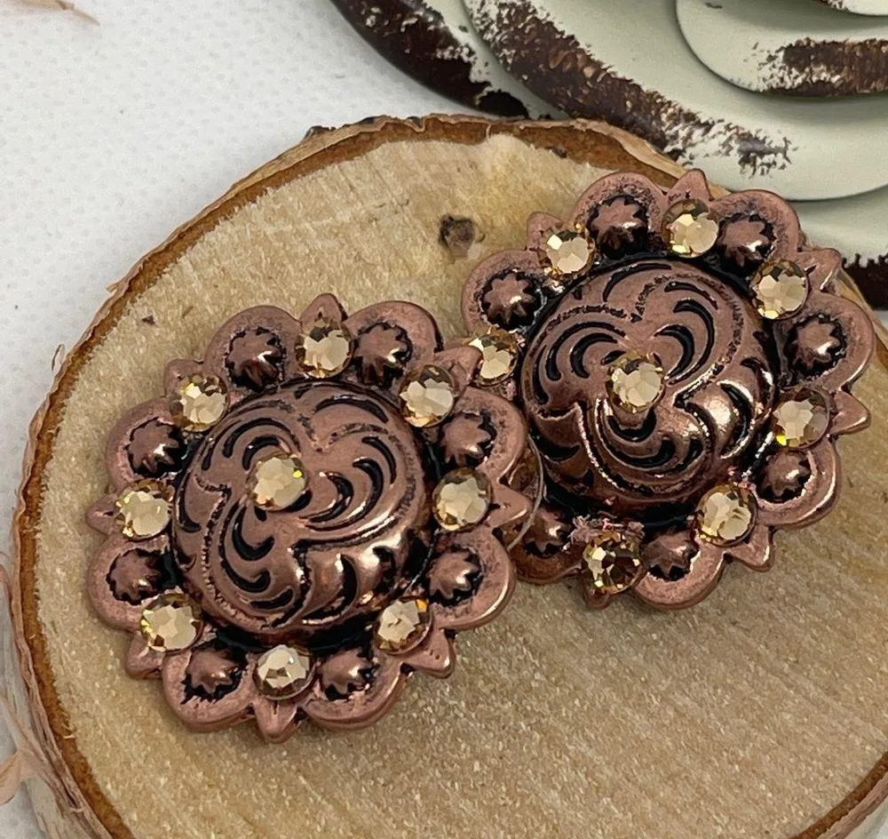 Copper engraved metal post earrings with topaz Swarovski crystals. Lightweight - Image 5