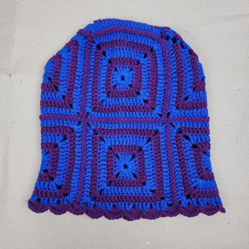 New Crochet Handmade Balaclava Granny Square Blue Purple hat beanie head warmer - Image 12