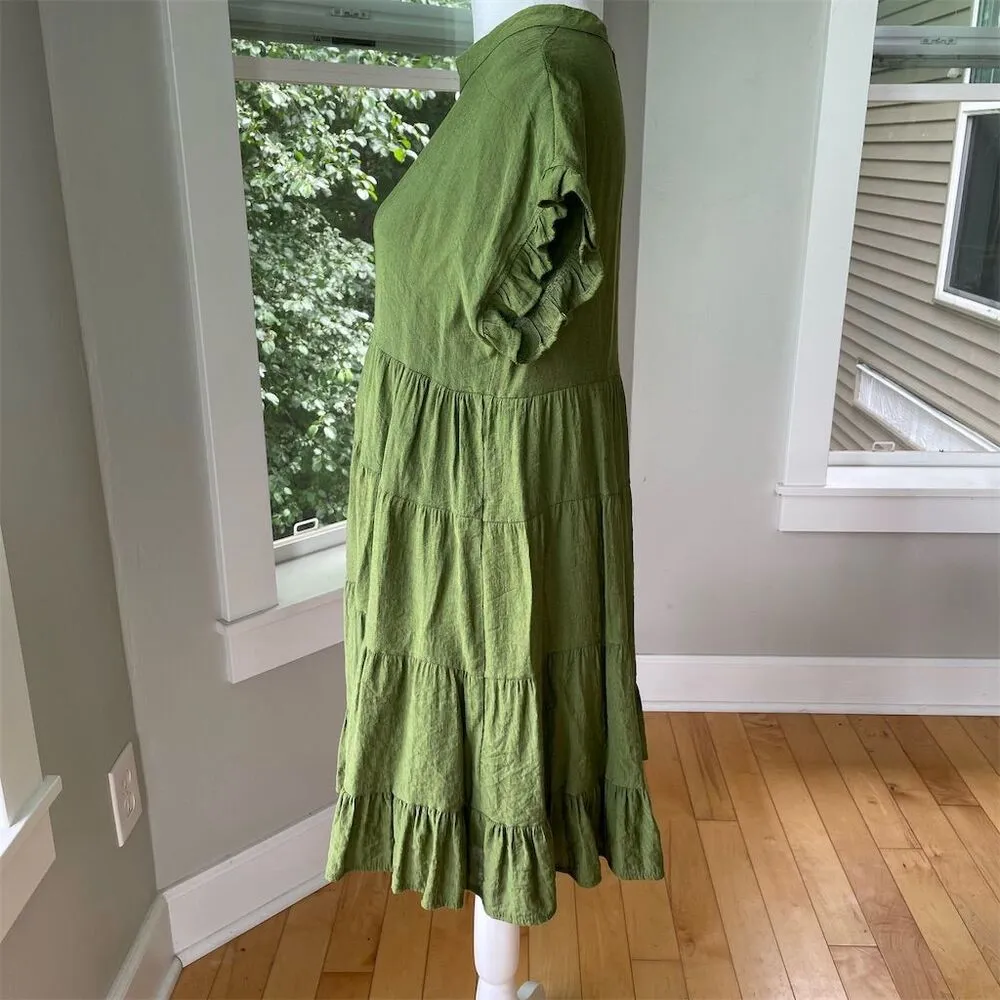 MIHOLL Green Tiered Mini Dress Size Small Knee Length Casual Short Sleeve - Image 4