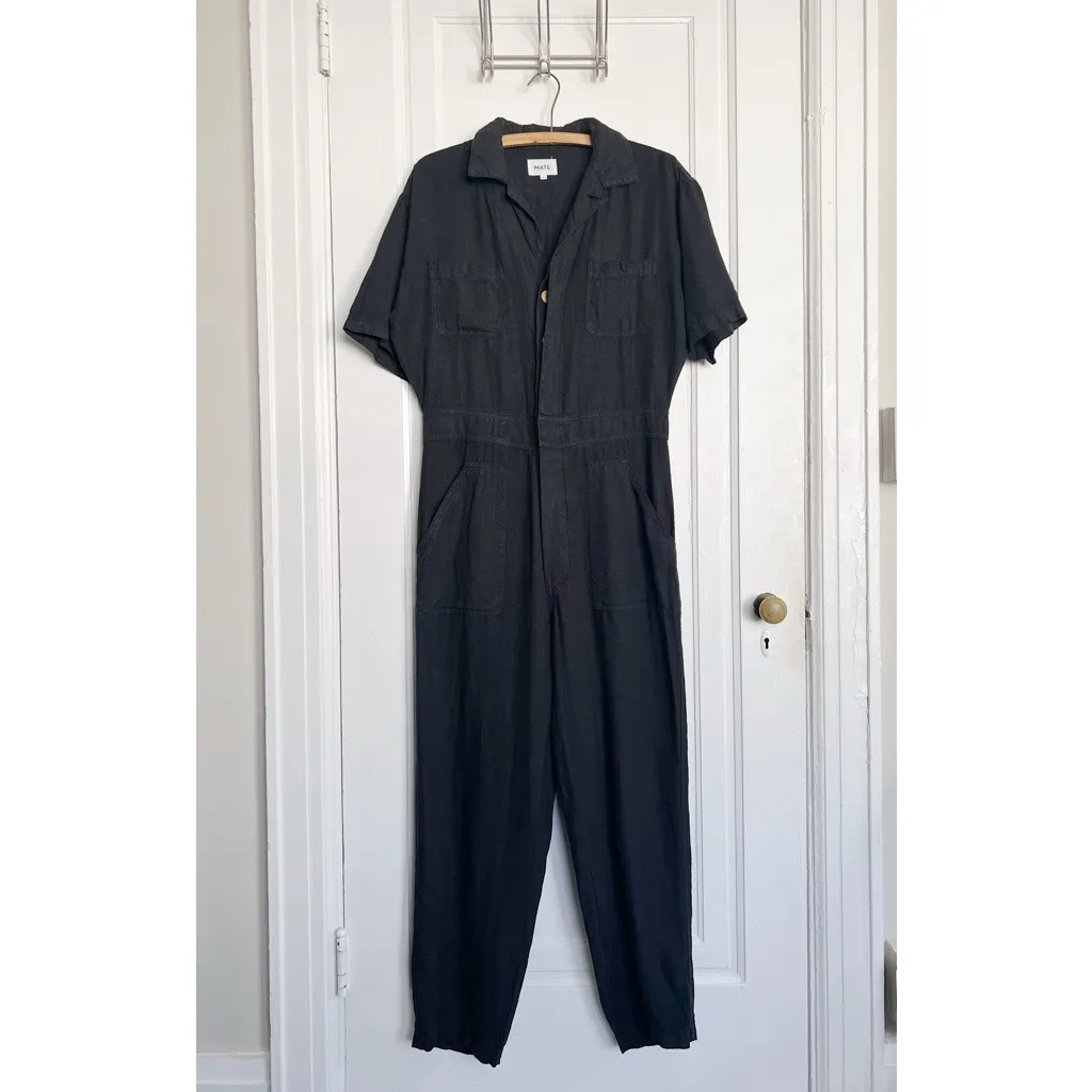 MATE The Label • Linen Short-Sleeve Jumpsuit black organic utility coveralls - Image 3