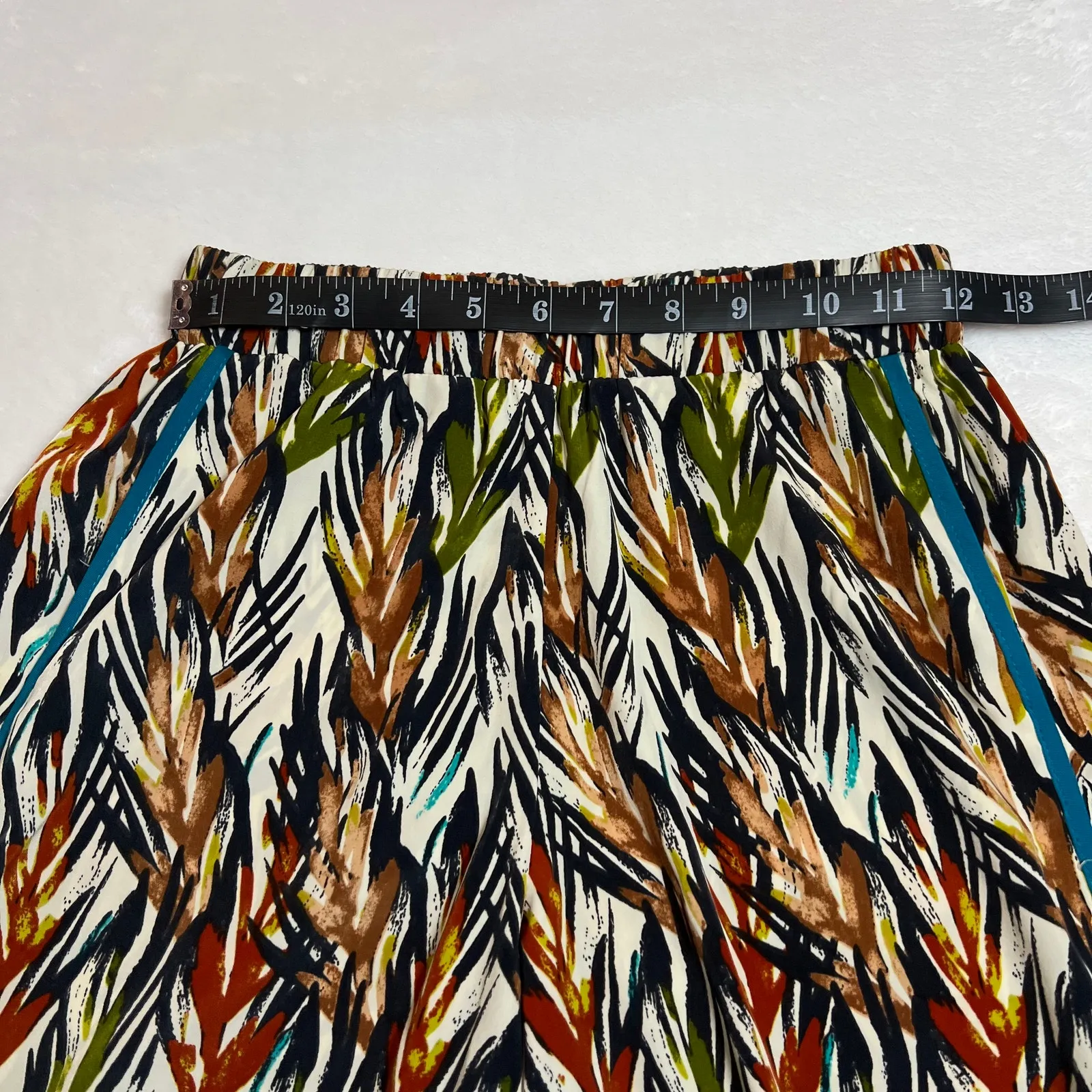 Women's High Rise Leaf Print Pull On Pants Size XXS Colorful Boho Hippie Festival White - Image 8