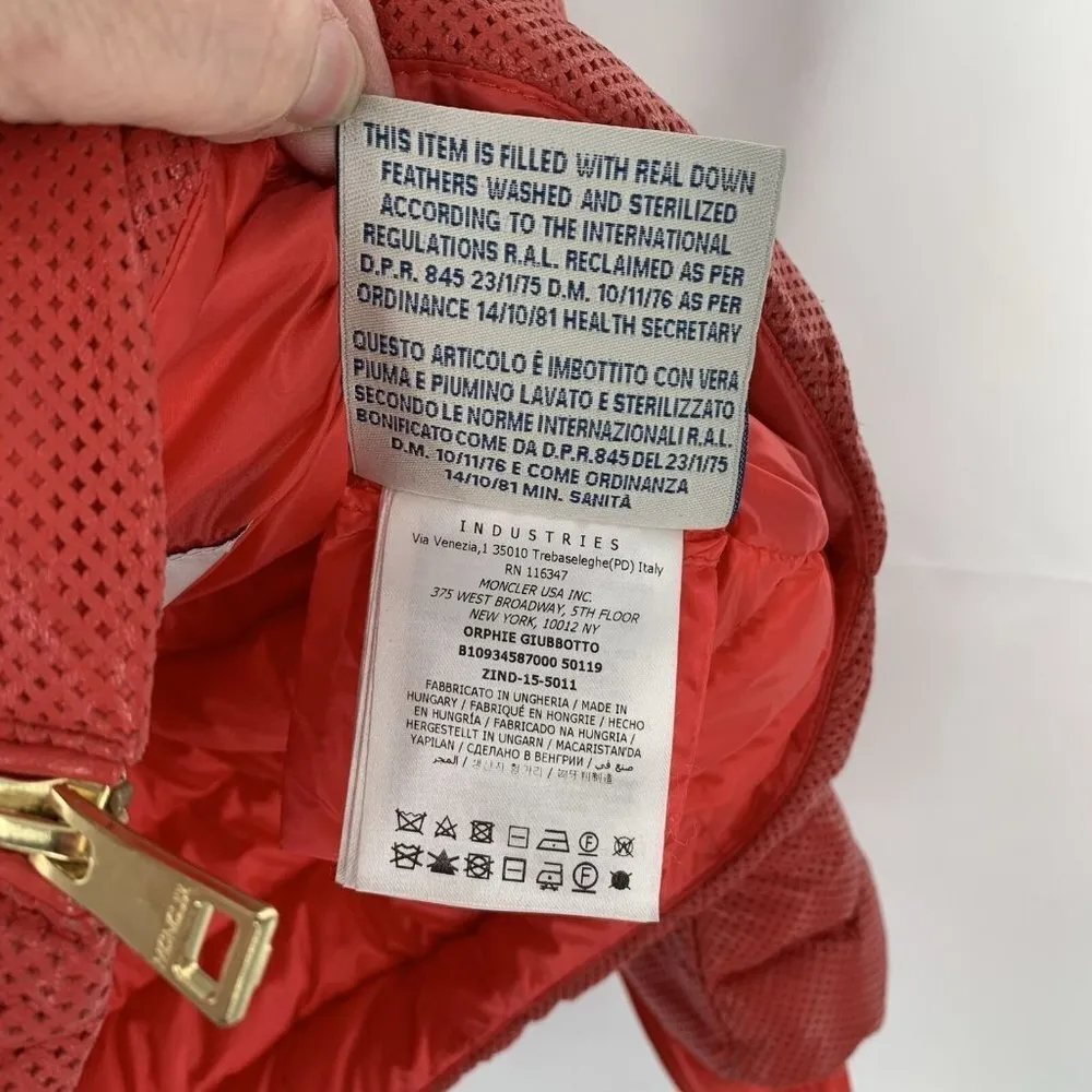 Rare MONCLER Coral Red Perforated Faux Leather Puffer Jacket Size Medium - Image 11