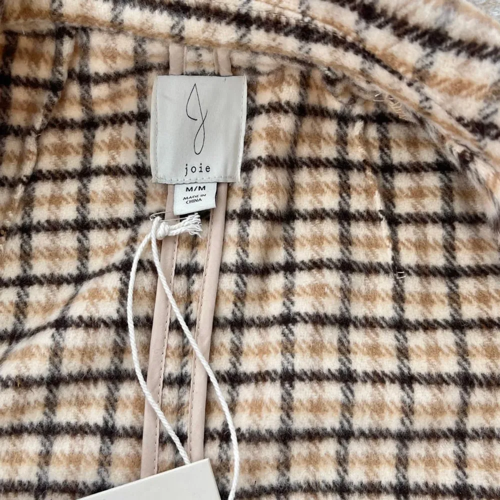 Joie New  Brushed Plaid Oversized Open Front‎ Jacket | Tan Medium - Image 3