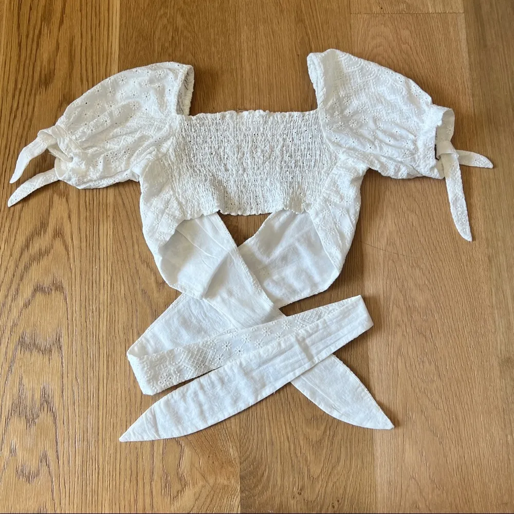 For Love And Lemons Charlotte Eyelet Wrap Tie Crop Top in White - Image 3