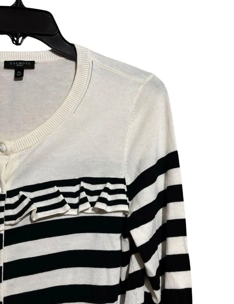 Talbots Cardigan Womens Medium Petite Black White Stripe Ruffle Button Sweater - Image 3